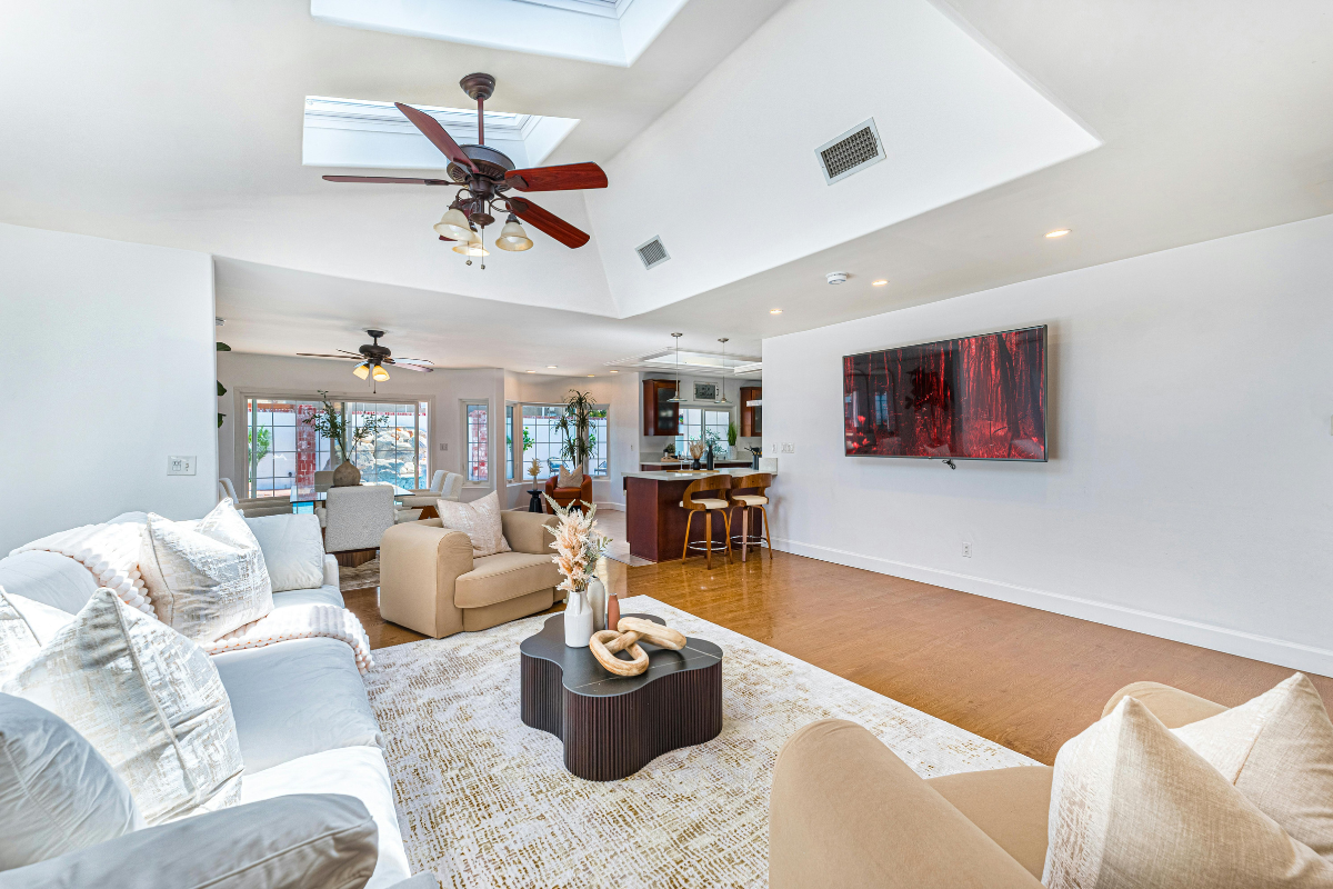 the living room has a skylight and a ceiling fan